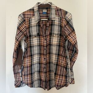 Kavu small women’s plaid button down corduroy elbow patches shirt red yellow